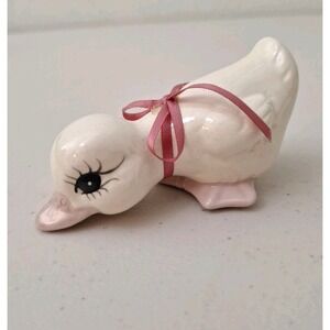Vintage MCM Duck‎ Figurine With Pink Ribbon 4 1/2 Inches Grannycore Cottagecore